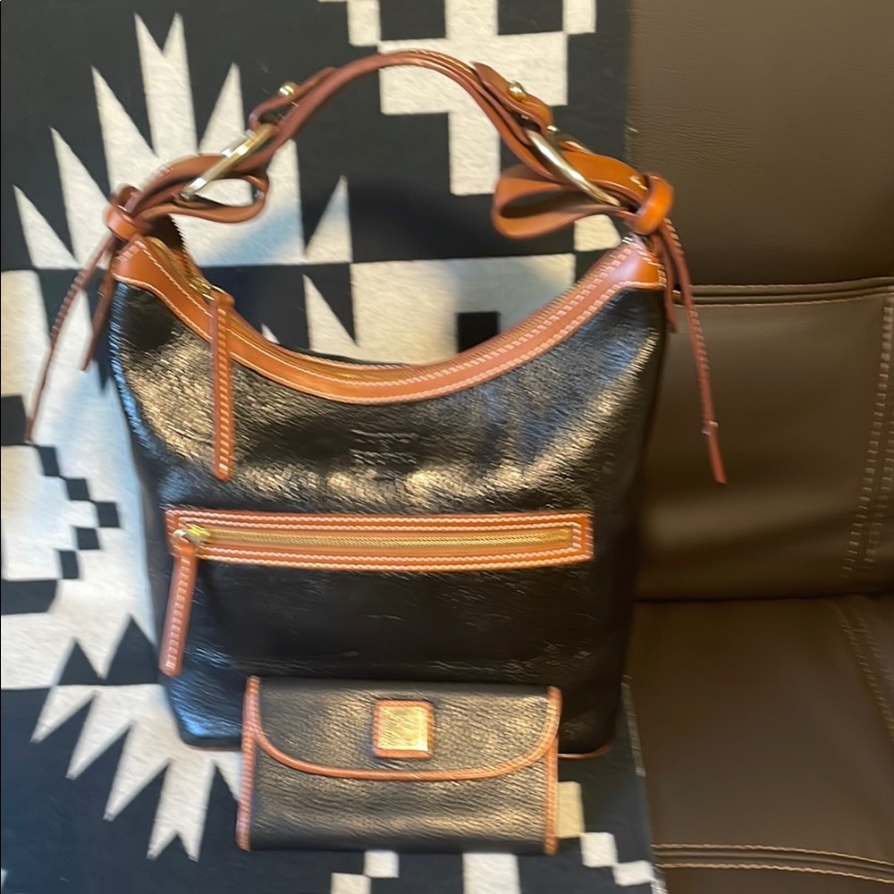 Dooney & Bourke Black and Brown Hobo Bag with Leather Trim and matching wallet